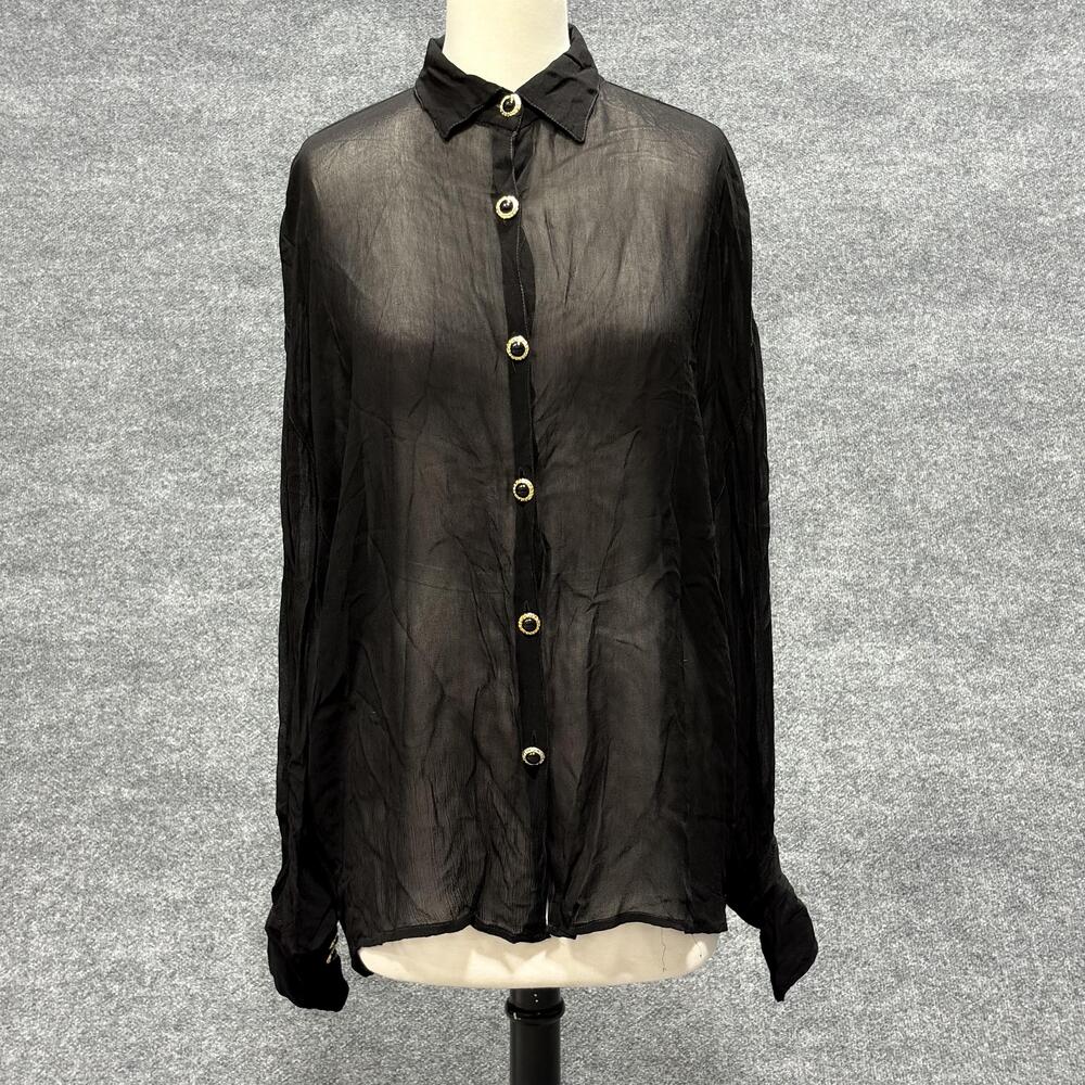 Fashion Passport Shirt Womens Large Black Sheer Button Front Long Sleeve Top